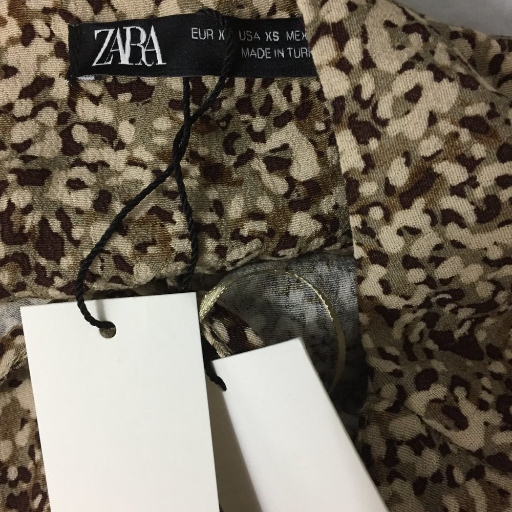 NWT ZARA Beige Brown Ivory Printed Front Overlay Long Sleeve Lined Dress - Picture 2 of 9
